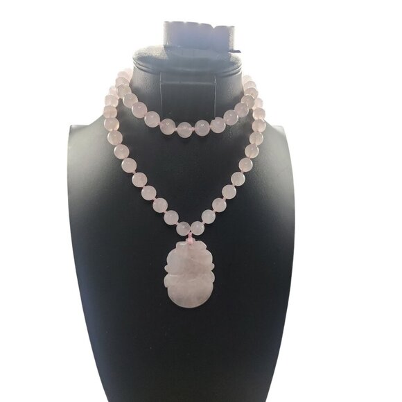 Chinese Rose Quartz Hand Knotted Mala Lotus Design Necklace 28" Vintage - Picture 8 of 16